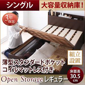 [組立設置付]シンプル 大容量収納庫付き すのこベッド [オープンストレージ] [薄型スタンダードポケットコイルマットレス付き] シングル 深さレギュラー [フレーム色]ダークブラウン