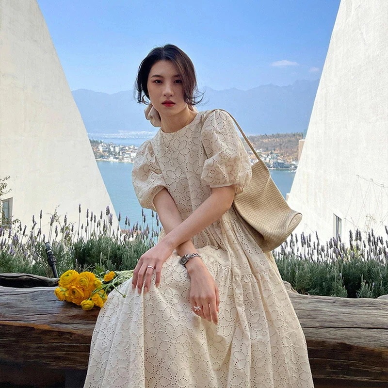 【急速出荷!】ワンピース 夏 きれいめ 半袖 ロング丈 ギャザーパフワンピース 韓国 ファッション ギャザー リボン 綿麻 刺繍 シンプル 結婚式 Aライン ロング丈 ワンピース 痩せる お洒落 体型