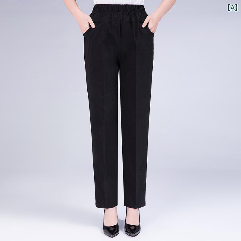 パンツ ズボン ウエストゴム レディース シニア 股上深め 大きめサイズ ストレッチ 楽ちん 太もも ふくらぎ シニア 春夏 9分丈 ストレート ボトムス センタープレス 体型カバー カジュアル シン