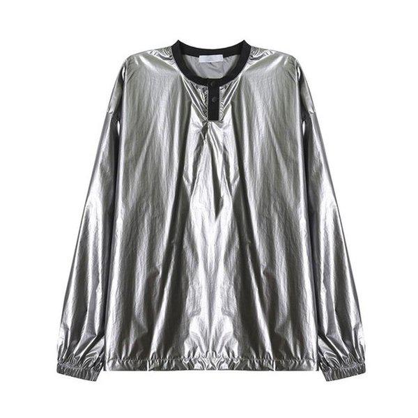メンズ グロッシー ラウンド ストリング バンディング 長袖 Tシャツ AC-TSA-Q037-シルバー