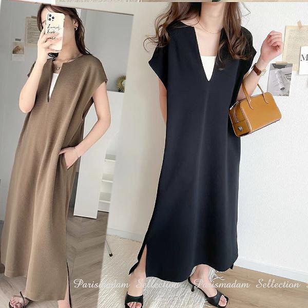 【新作】ロングワンピース　ベストワンピース　V襟　スリット　ブラック　ブラウン　ストレートライン ほっそり効果大女子会細く見える通勤通学20代30代40代50代60代