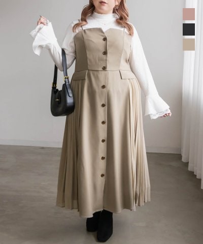 大きいサイズ レディース LL 3L 4L XL XXL XXXL CLETTEオリジナルサイドプリーツジャンスカワンピース
