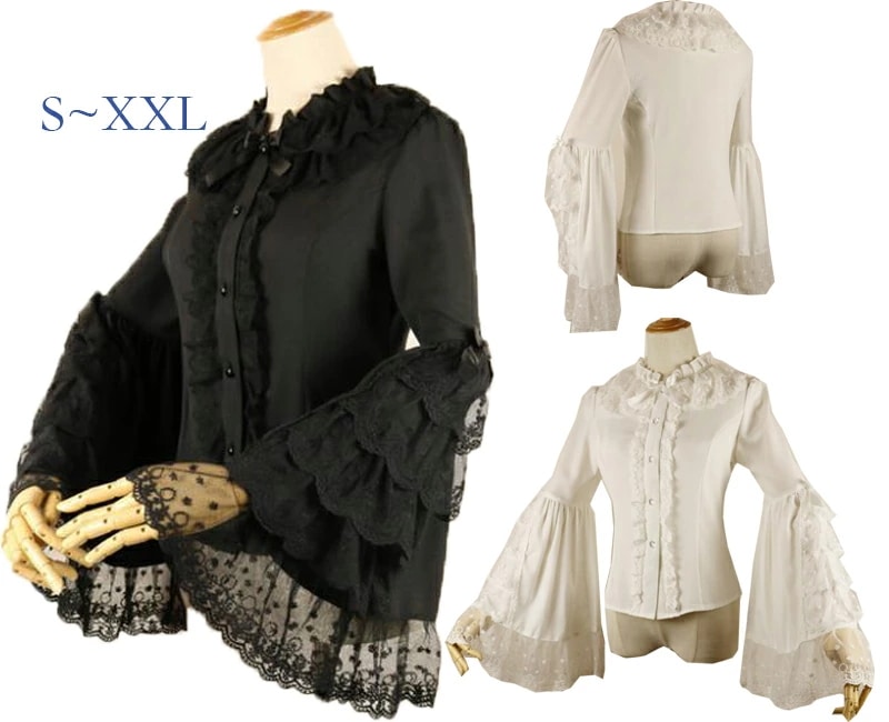 lolita ロリータブラウス シフォン ブラウス ロリータ服 長袖シャツ フレア袖 レース スカラップブラウス 可愛い 仙女ブラウス 学園風シャツ お姫様ブラウス コスプレ衣装 普段着 着回し 白