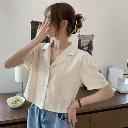 シャツ ブラウス レディース ショート 半袖 襟付き Vネック かわいい 大人可愛い きれいめ シンプル カジュアル 無地 夏 学生 デート ホワイト アプリコット イエロー グリーン トップス