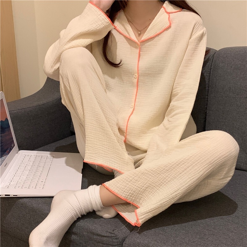 パイピング長袖パジャマ ルームウェア パジャマ 部屋着 寝巻き ナイトウェア ロング ロング丈 袖あり 長袖 Vネック 襟付き 前開き ウエストゴム 綿 上下セット 2点セット ツーピース かわいい