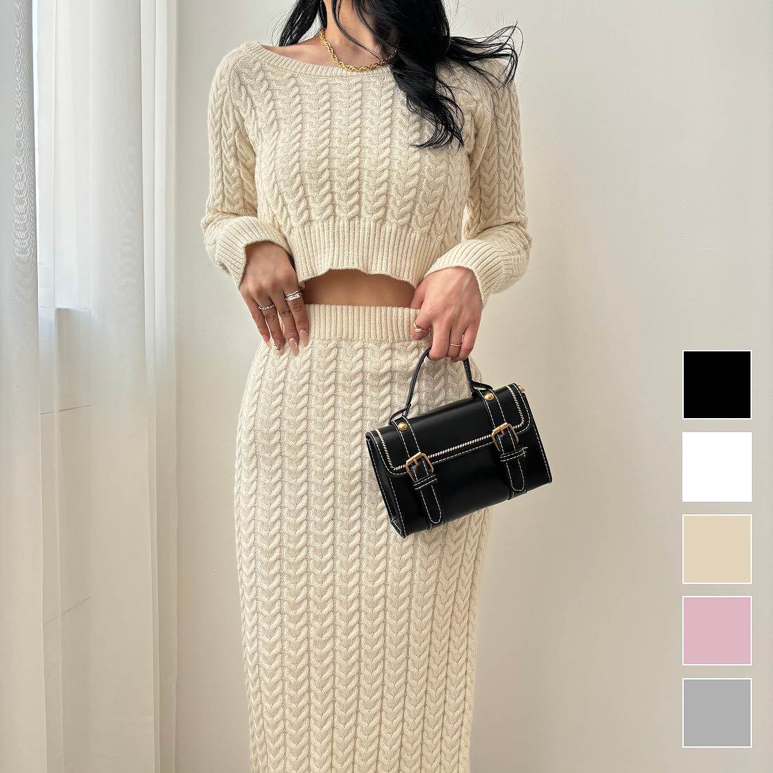 新作ほどよいフィット感で綺麗なライン魅せエレガントショート丈ニットトップス&ミディアムスカート セットアップ デザイン編み ロングシーズン 長袖 冬冬冬 フェミニン クロップド丈 アンサンブル 肌見せ