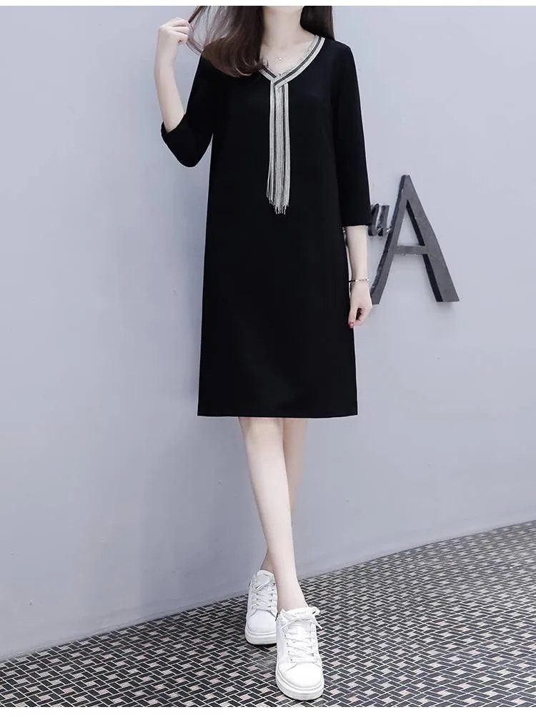 ワンピース レディース ストレート 七分袖 Vネック 膝丈 Iライン 薄手 ブラック S M L 2XL 3XL 体型カバー 大人可愛い きれいめ シンプル おしゃれ こなれ感 学生 お出かけ デート