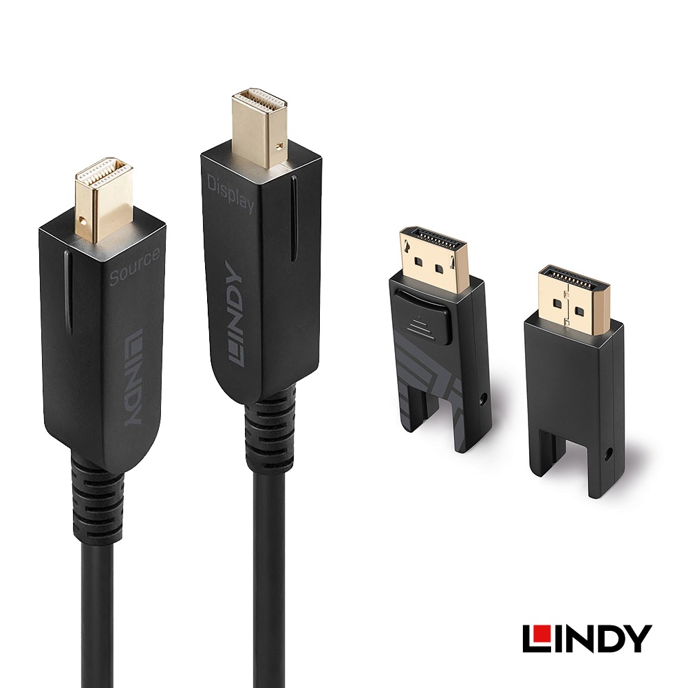 【38482】 LINDY 30m Mini DisplayPort 1.4 光ファイバハイブリッドケーブルDP変換コネクタ付