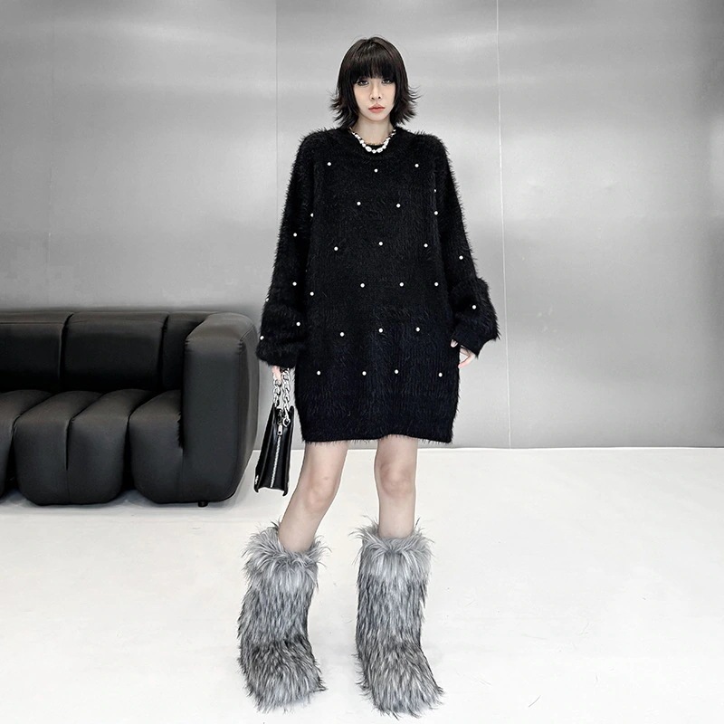 [急速出荷]セーター レディース ピーズ飾り ニットワンピース ショート おしゃれ ロングニット 2025春