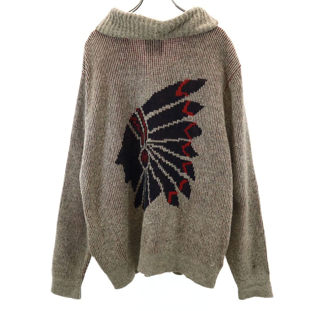 KARMAN OUTERWEAR 80s 90s オールド バック刺繍 長袖 ショールカラー ニット カーディガン M ベージュ系 カウチン メンズ