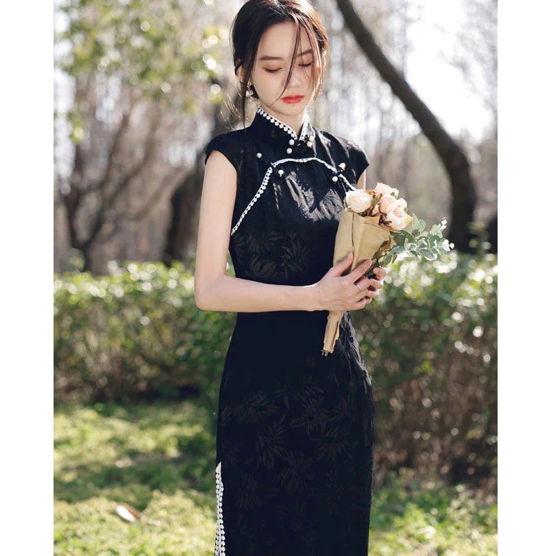 若いスタイルの黒のチャイナドレスロングセクション2025夏のレトロなスタイルの改良版の気質の女の子のドレス 母の日 母の日-0007800