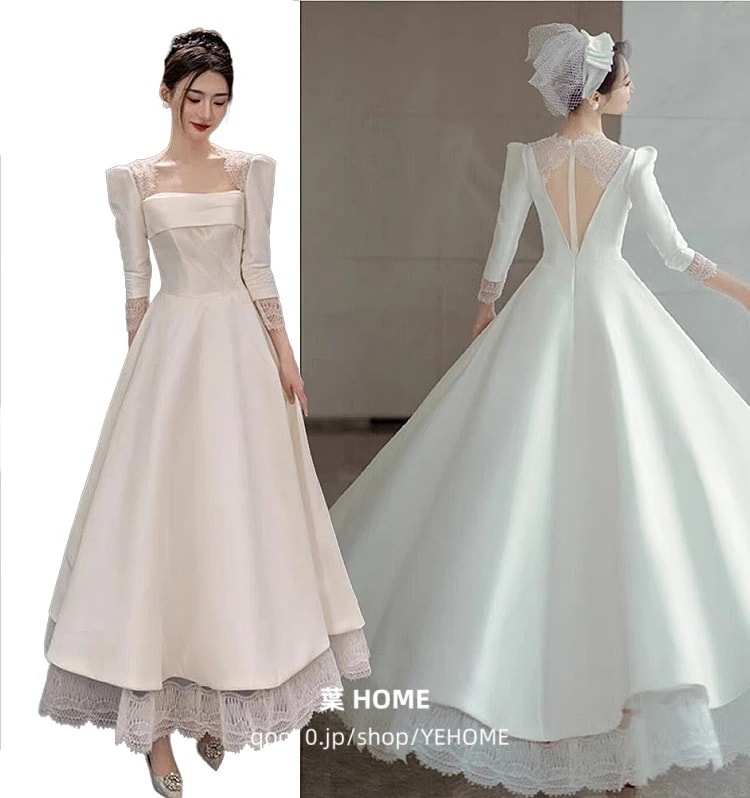 ウェディングドレス 白 パーティードレス レース オフショルダー 結婚式 ドレス 長袖 白 シンプル 無地 ワンピース 二次会 披露宴 前撮り後撮り ビーチフォト花嫁ドレス