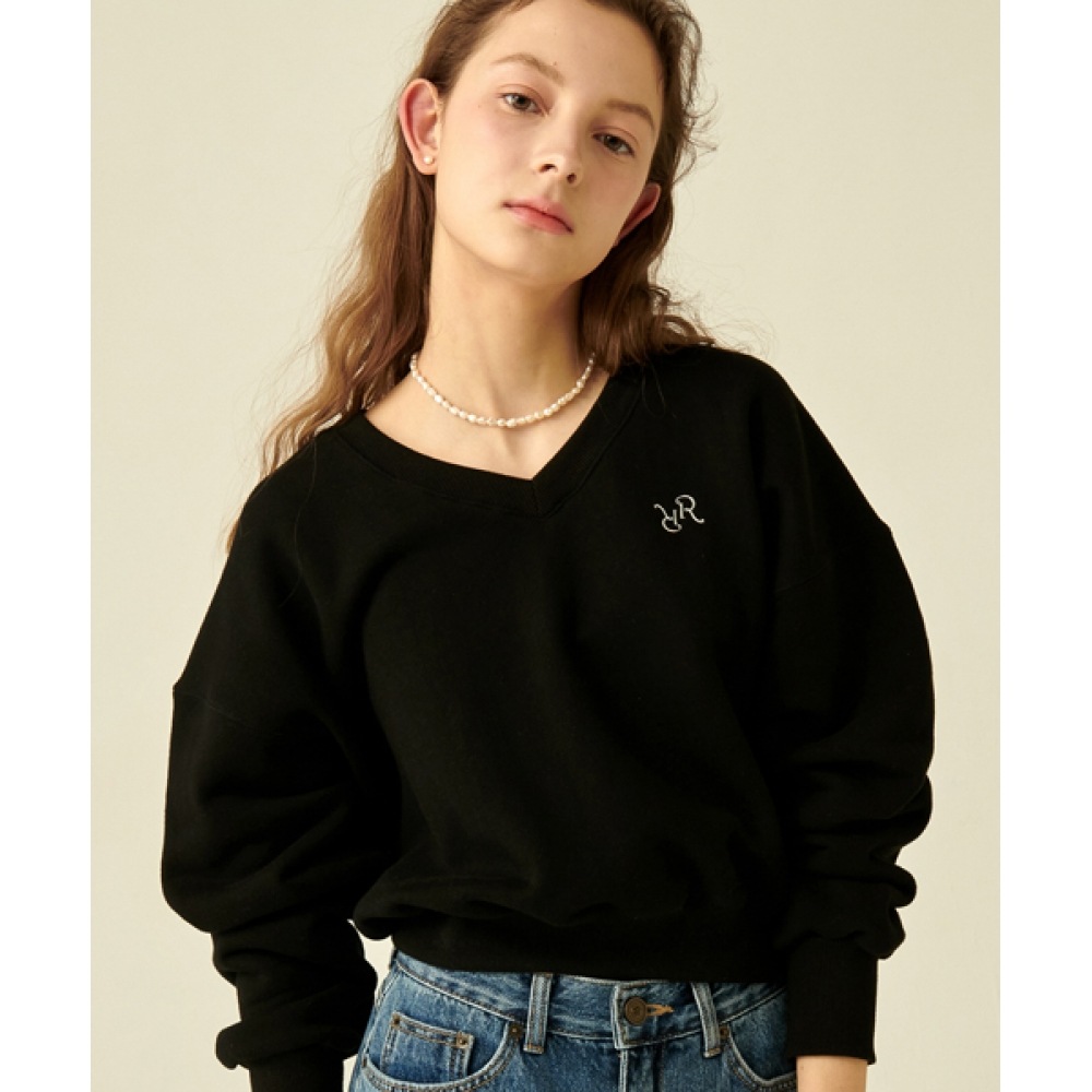 ロンロン Vネッククロップスウェットシャツ ブラック