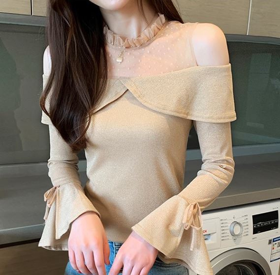 きれいめ レディース ファッション 韓国 ファッション レディース トップス Tシャツ カットソー 夏 春 秋 カジュアル グリッター オープンショルダー シースルー オフショルダー シンプル デティ