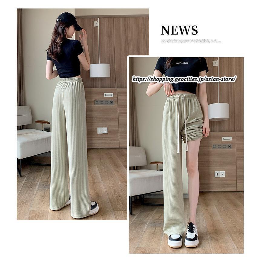 ワイドパンツ レディース ボトムス 低身長高身長 プリーツ パンツ ズボン ウエストゴム ストレート 春コーデ ワイド ハイウエスト 夏秋服 リブ
