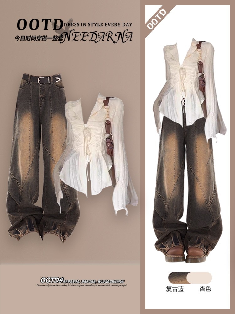 【送料無料】秋口に着やすい塩系の大人っぽいシャツとウエスタンでスタイリッシュな女性用デニムスーツパンツのフルセット