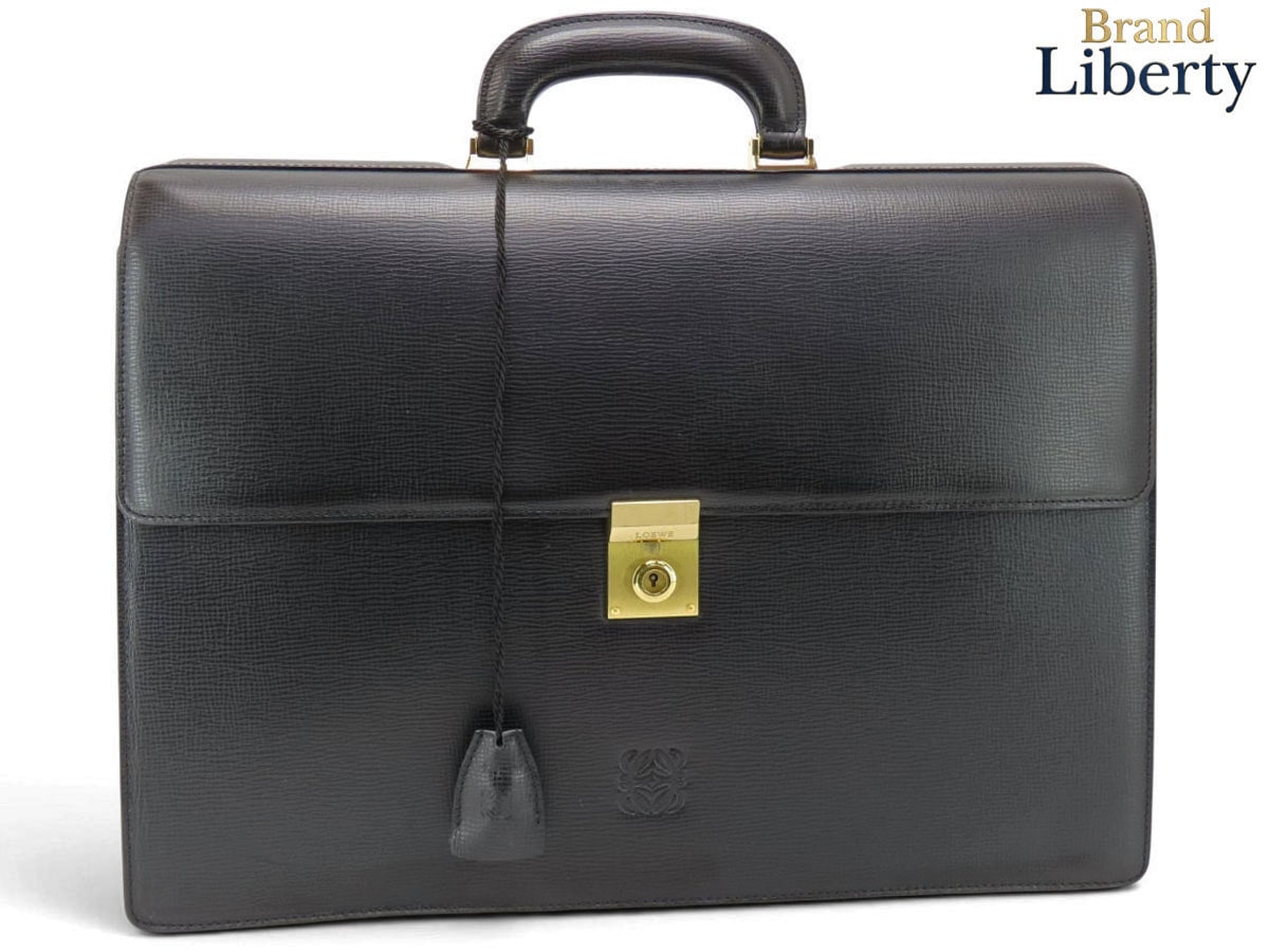 美品ロエベLOEWEアナグラムビジネスバッグブリーフケース書類カバンブラックレザー