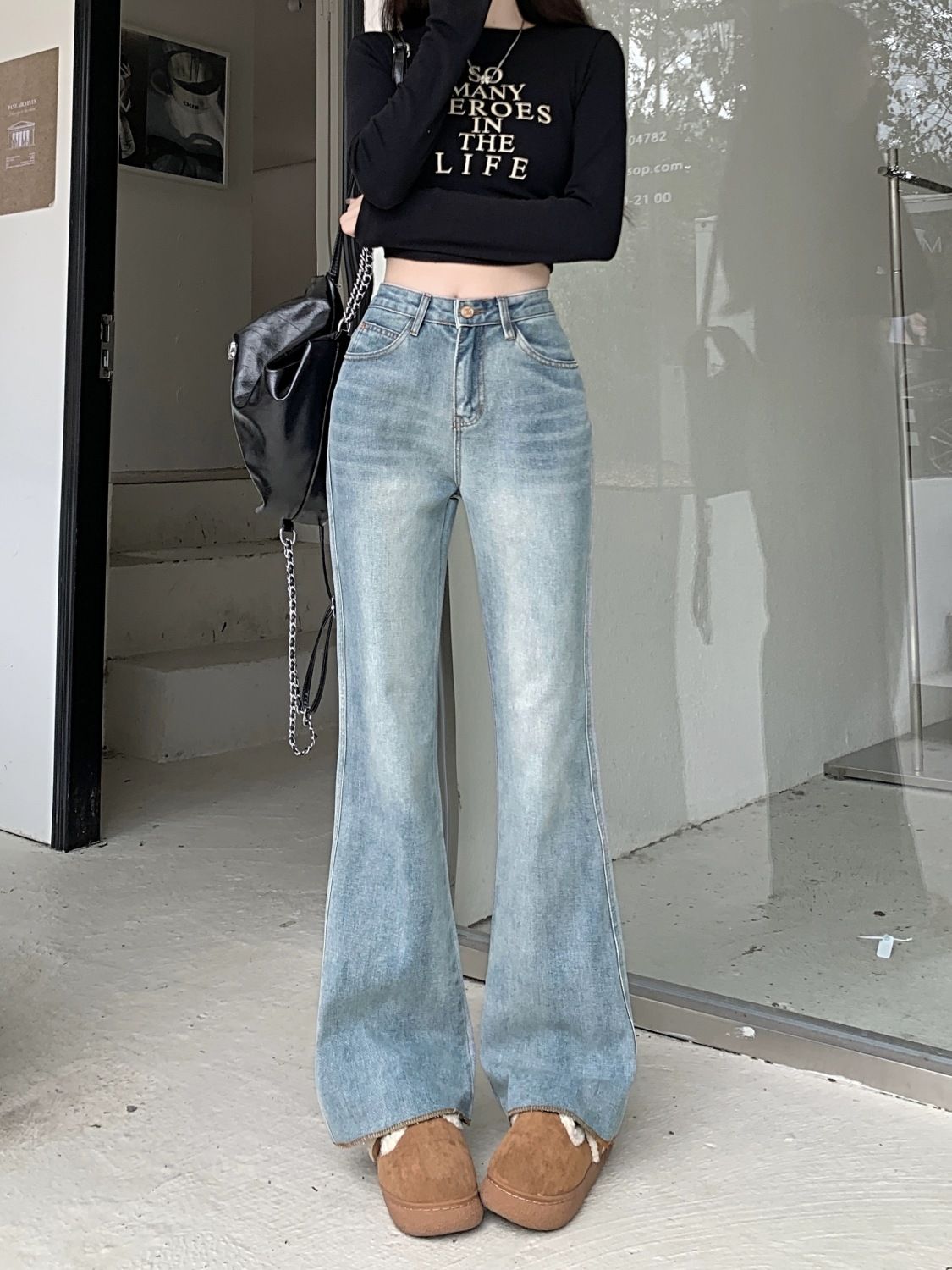 大人気！ 新作 秋 アメリカンブルーのワイド脚フレアジーンズレディース新型ハイウエストでゆったりとした着痩せストレートの毛並みが長めのパンツ デニムパンツ メガ割