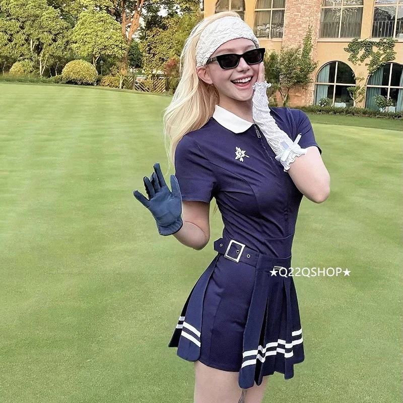 おしゃれ かわいい テニスウェア 女性 スポーツウェア カジュアル プリーツスカ 半袖 つなぎ ワンピース ネイビー ピンク 韓国風 レディース 上下セット 25 ゴルフウェア