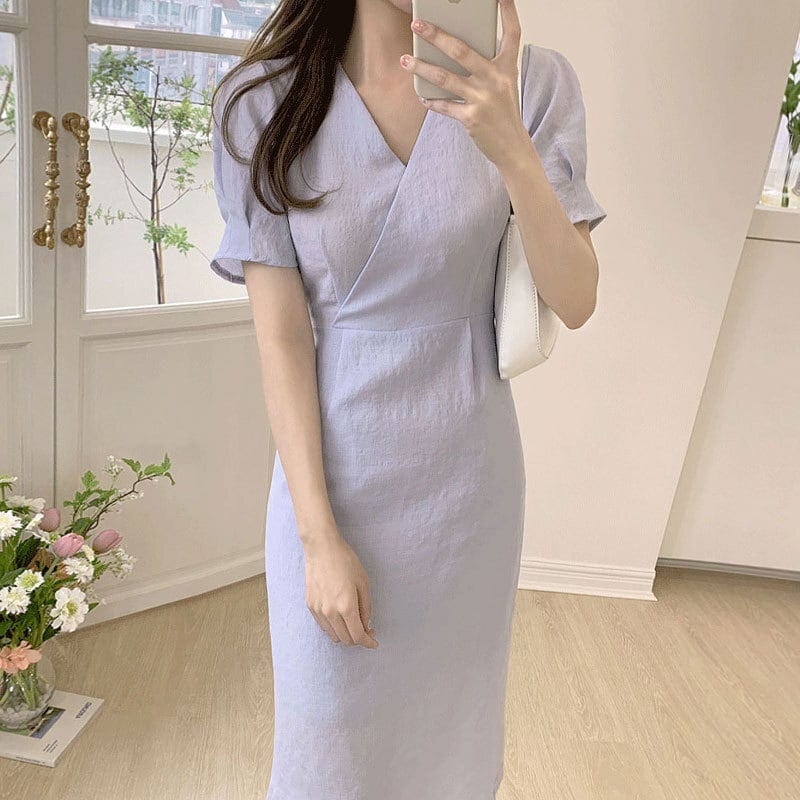 ワンピース 上着 人気 おすすめ おしゃれ お洒落 激安 安い プチプラ 半袖 Vネック タイト パフスリーブ ふんわり 膝丈 無地 可愛い かわいい 韓国 シンプル カジュアル きれいめ