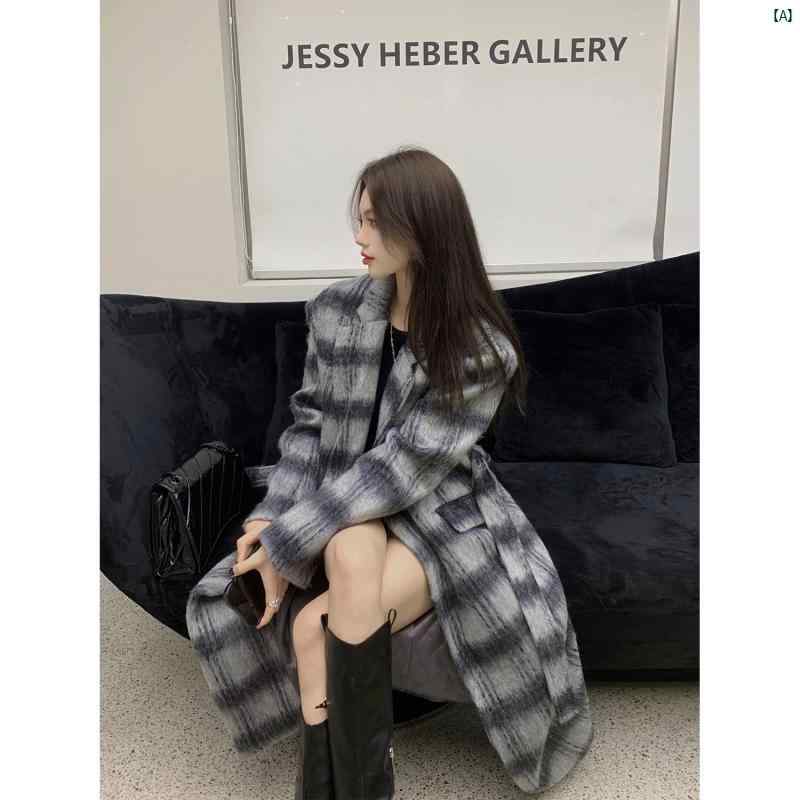 海外ファッション　レディース　綺麗　大人　上品 グレー チェック柄 スーツ 風 ウール コート レディース シルエット