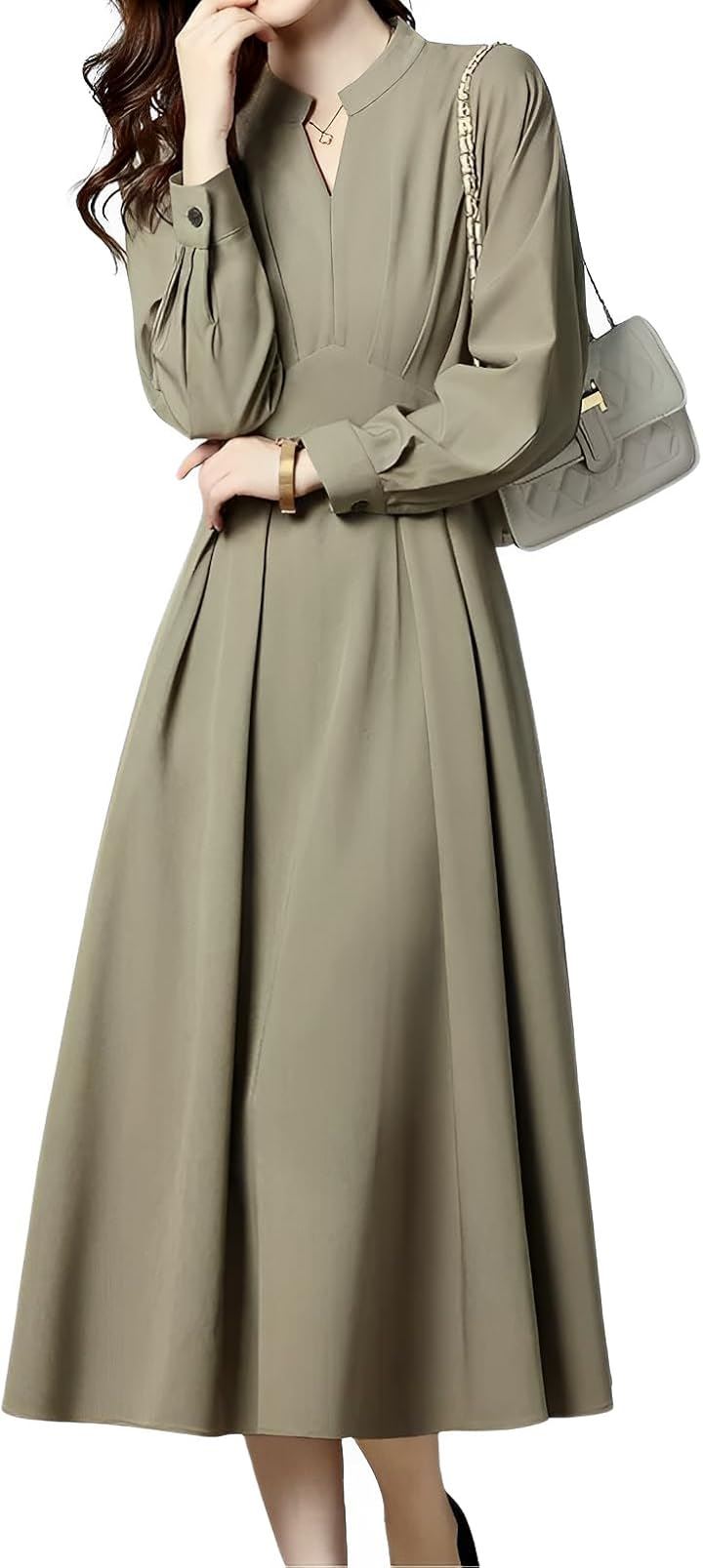 vネック ワンピース ロング 長袖 レディース 春ワンピース 入学式 オフィスカジュアル パーティードレス タイトワンピース(グリーン, L)