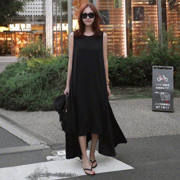 春夏 ドレス ロングドレス ワンピース マキシ丈 ノースリーブ ゆったり ブラック 無地 カジュアル