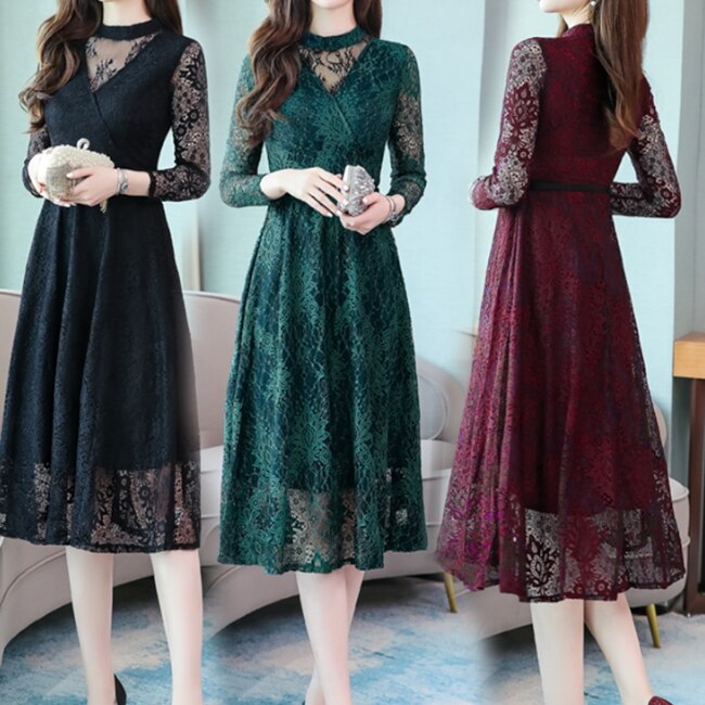3色 ワンピース 長袖 春 秋 きれいめ Aライン ワンピドレス フレアスカート 膝下 ミモレ丈 ミディアム丈 Vネック Uネック ラウンドネック 襟なし フレア スリム タイト 裾ワイド レース 透