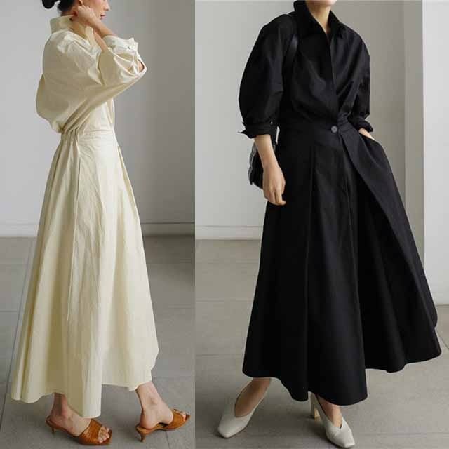 ロング丈ワンピースハイウエストスキッパーコットン綿Aラインフレアスカートポケット付きマキシ丈 4,925円