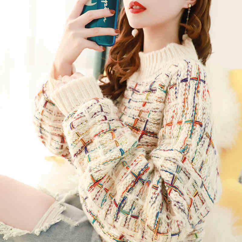トップス ニット セーター レディース クルーネック リブ袖 ツイード 柄 長袖 ボリューム袖 厚手 あたたかい カジュアル おしゃれ かわいい シンプル 白 ホワイト 黒 ブラック ミックス マルチ