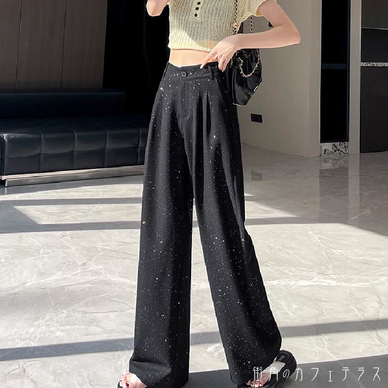 スラックス 3色 ラメ ワイドパンツ フレア Aライン ボトム ロング マキシ ポケット ファスナー キラキラ グリッター タッグ 薄手生地 かわいい 大人可愛い 綺麗 シンプル カジュアル