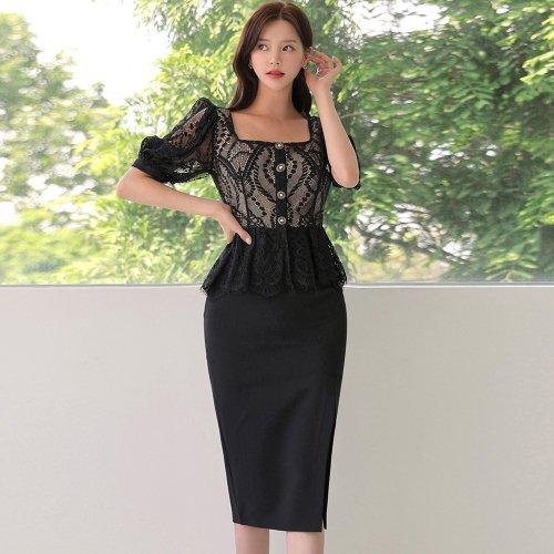 キャバドレス ナイトドレス ミディアムドレス セットアップ ツーピース ハイウエスト 五分袖 スリット 総レース レディース グラシア