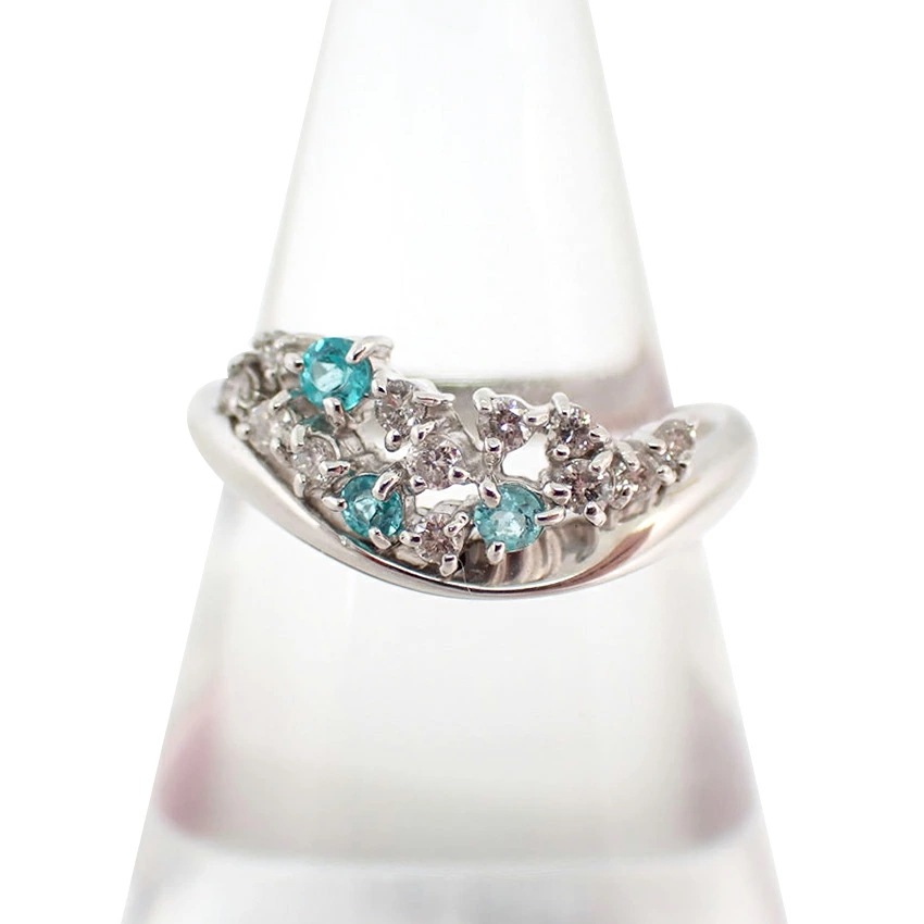 【中古】K18WG パライバトルマリン/ダイヤ ウェーブ リング 10号[g362-53］