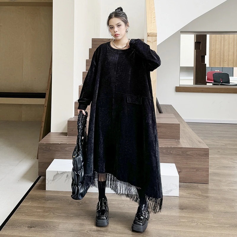 【J.Fashion】 ロングワンピース ニットワンピース メガ割 フリンジ 2024秋冬新品 ドッキング レディース