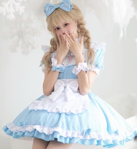 大きいサイズ メイド 不思議の国のアリス アリス コスプレ コスチューム 衣装 エプロン メイド服 キャラ メイドカフェ ゴスロリ ロリータ アイドル 制服 取り外しロング袖付きのアリス風メイド服