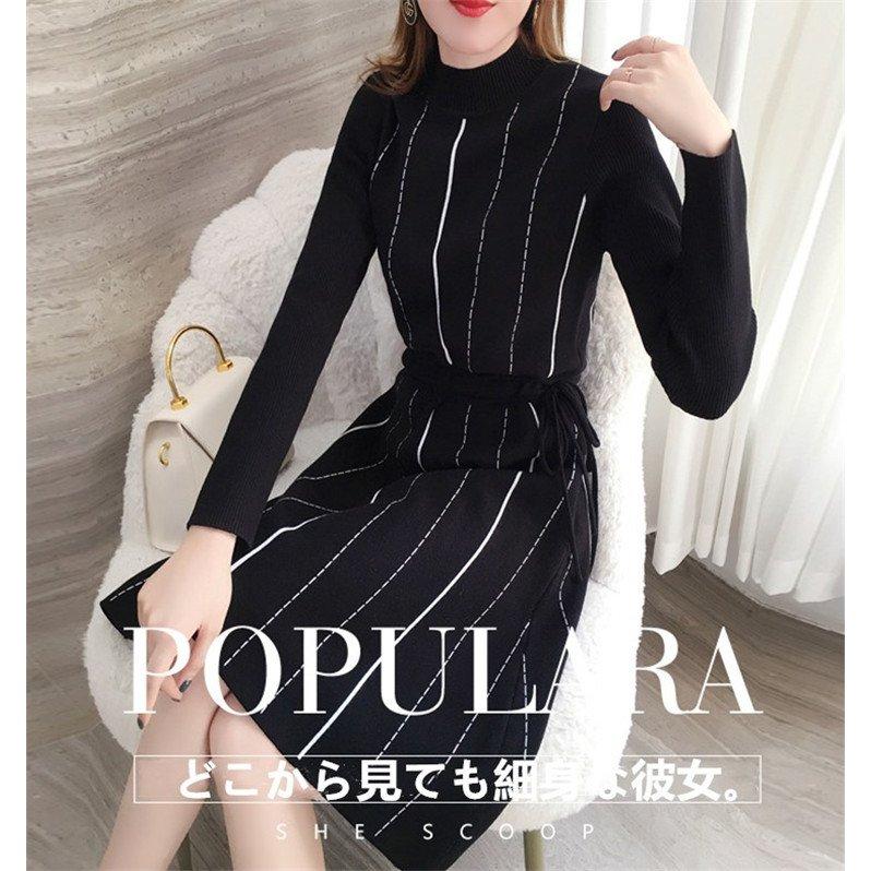 レディースワンピース秋40代きれいめ冬ハイネックニットワンピース膝丈Aライン着やせ長袖通勤リボン付きデート