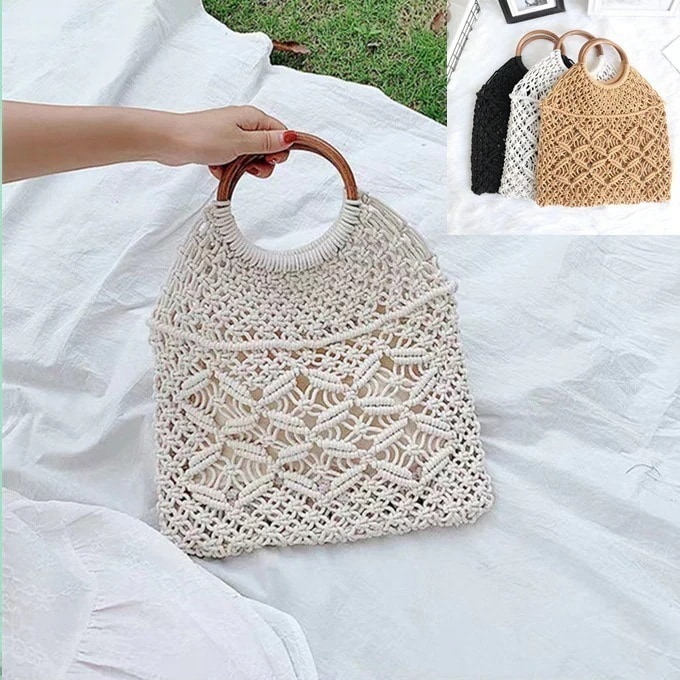 メガ割 マクラメ バッグ 編みバッグ カゴバッグ レディース ハンドバッグ 木製ハンドル 木ハンドル 太糸 ロープバッグ 縄 手提げバック 涼しげ ざっくり 綿 コットン ナチュナル 自然 可愛い