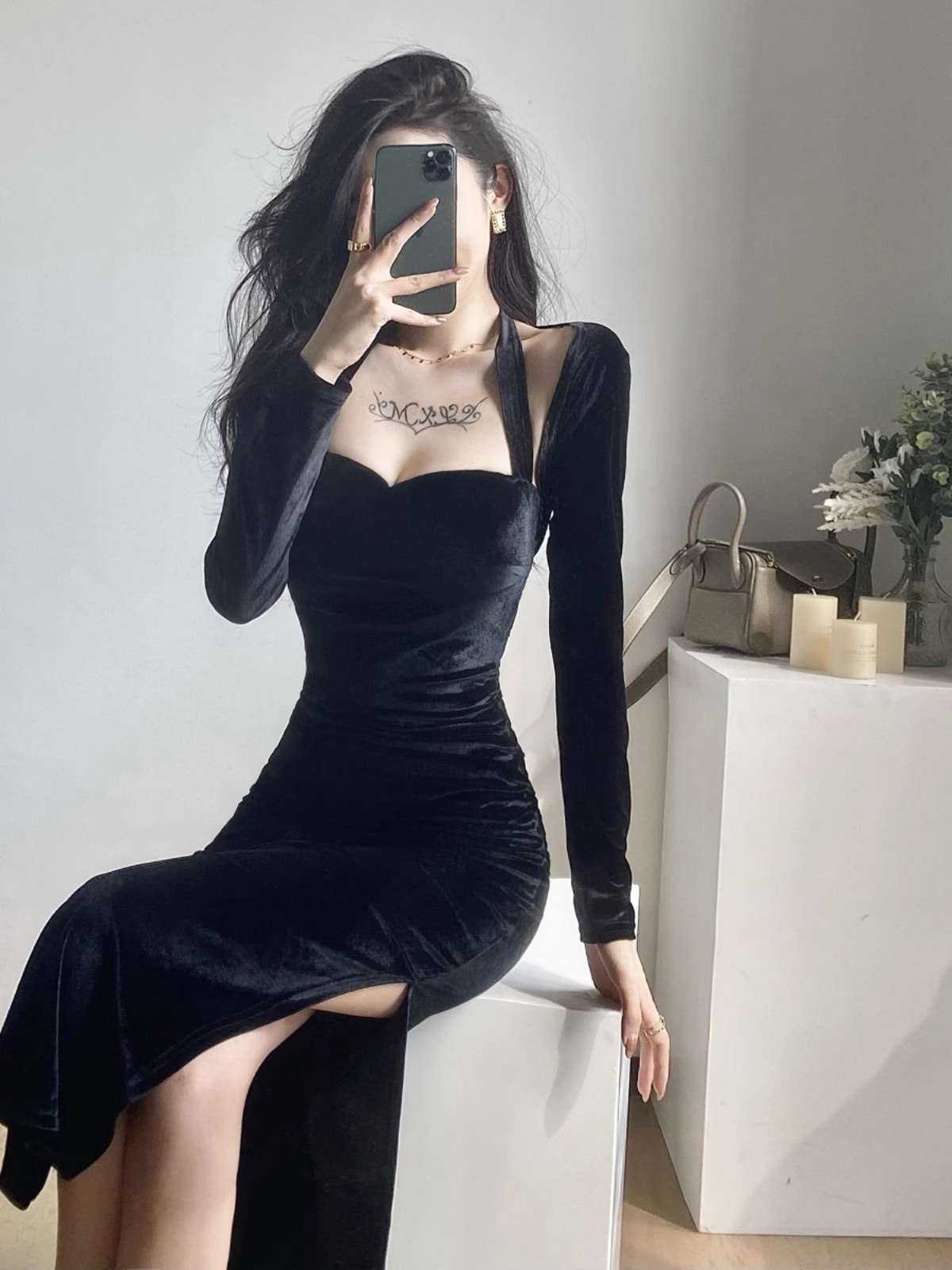 黒スカートイブニングドレス黒ストール開叉ワンピース