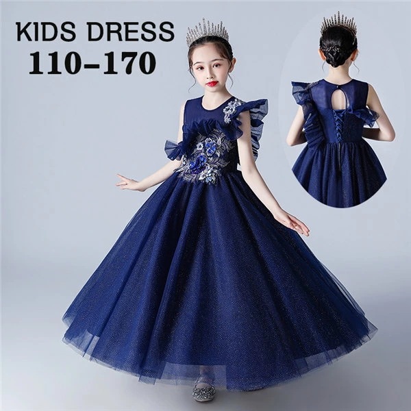 キッズドレス ピアノ 発表会ドレス ロング丈 子供ドレス ワンピース ネイビー ノースリーブ 袖なし フリル チュール 女の子 結婚式 子供 フォーマル フレア 誕生日プレゼント ギフト パーティー