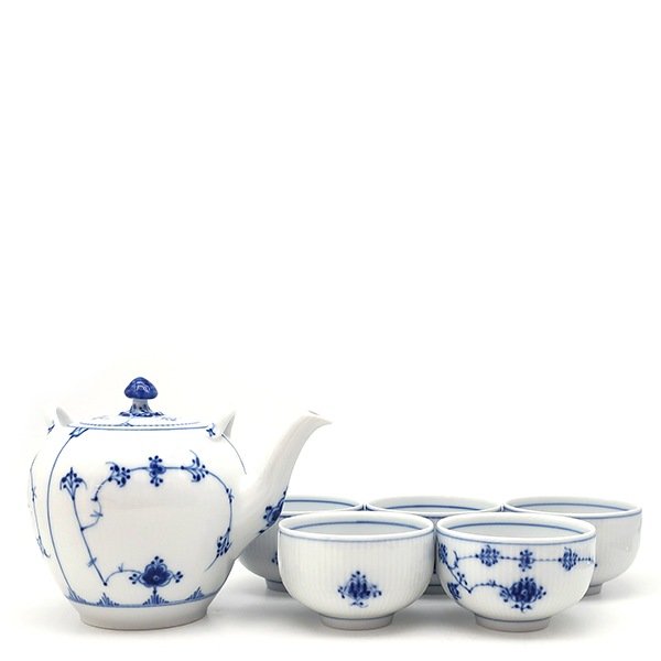 ロイヤルコペンハーゲン 食器 ブルーフルーテッド 急須 湯呑み5客 6点セット 陶磁器 ブルー×ホワイト 茶器セット 青 白 つる欠品 【中古】