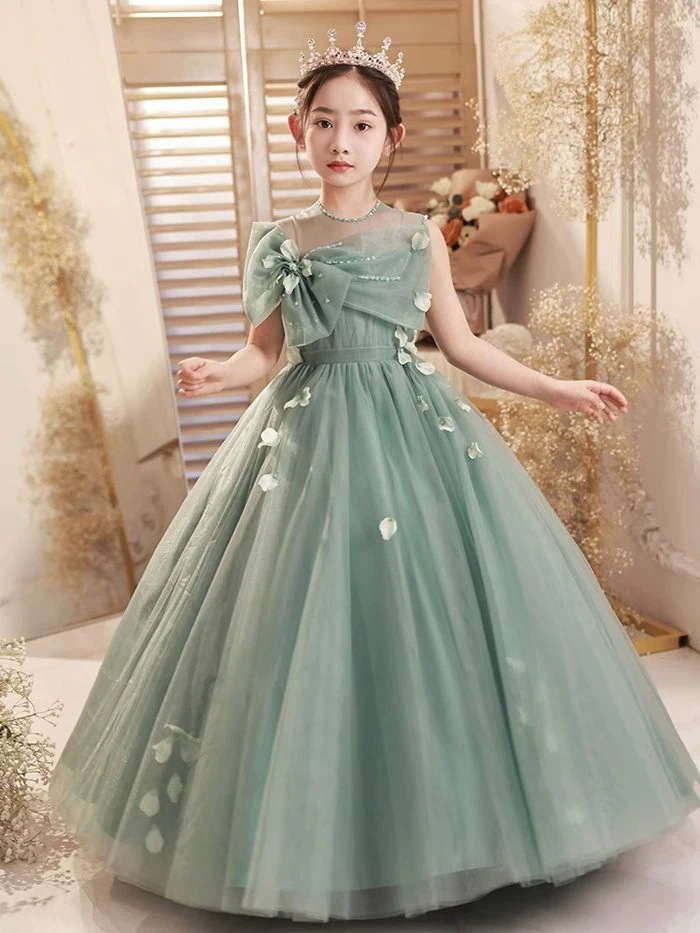 早く買いに来て 子供ドレス ピアノ発表会 キッズ ロングドレス グリーン ワンピース 花柄 子供 ドレス ル ノースリーブ 女の子 フォーマルドレス 子ども 誕生日 パーティードレス 結婚