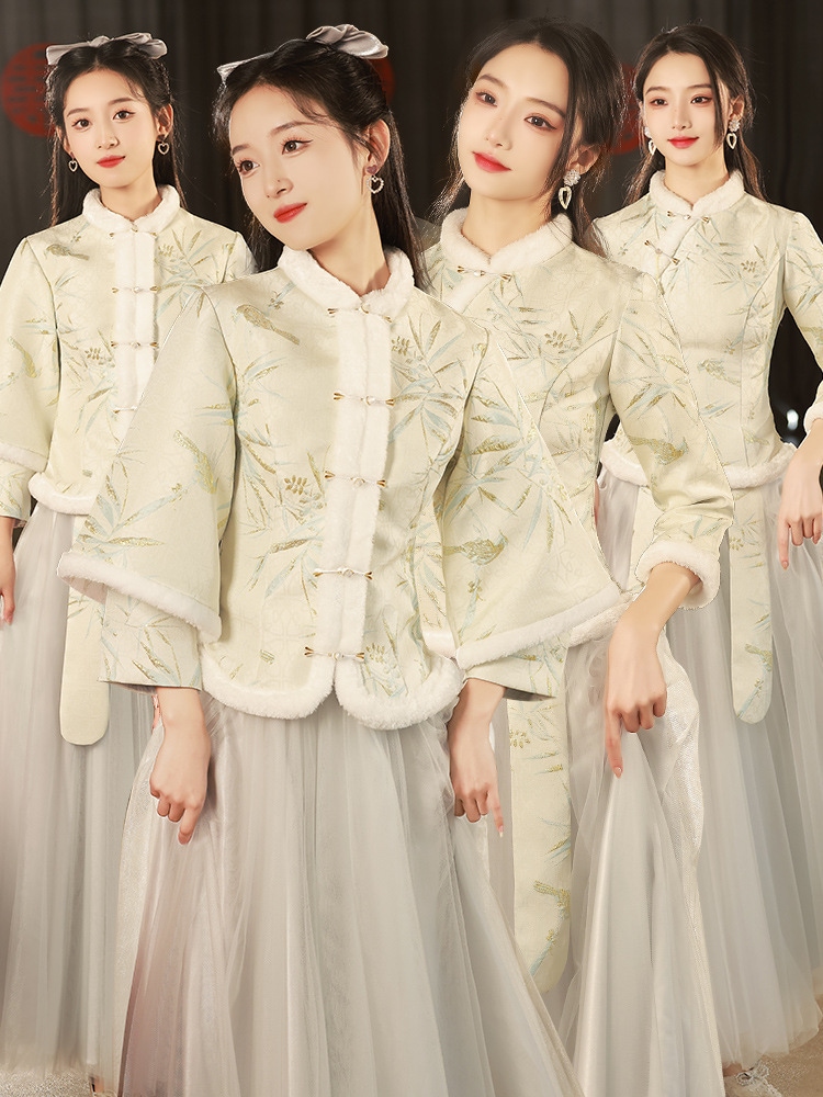 花嫁介添人のスーツ冬に加えてベルベットが肥厚した2025年長袖姉妹グループ花嫁介添人ドレス暖かさ