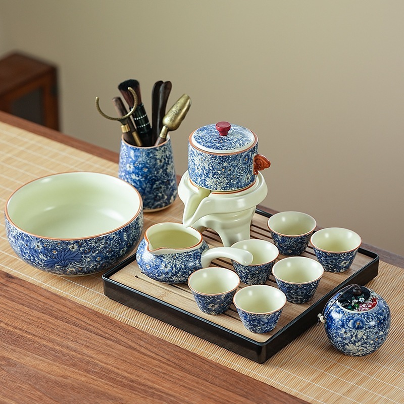 半自動汝窯茶器家庭用青花怠け者火傷防止石臼急須初心者茶器セットバッグ