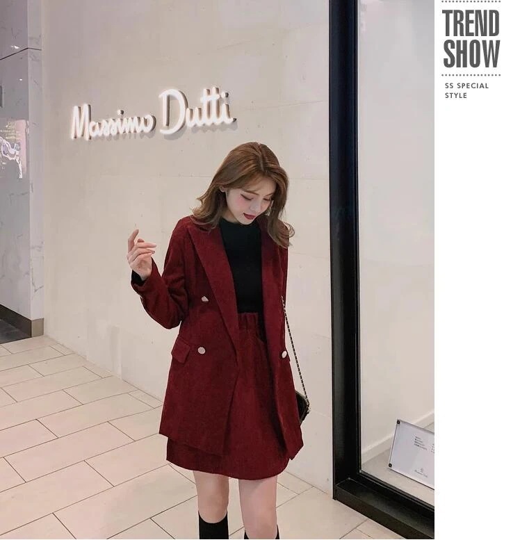 ワインレッドコーデュロイ気質スーツスカートパンツ+コート女 2セット 上下セット