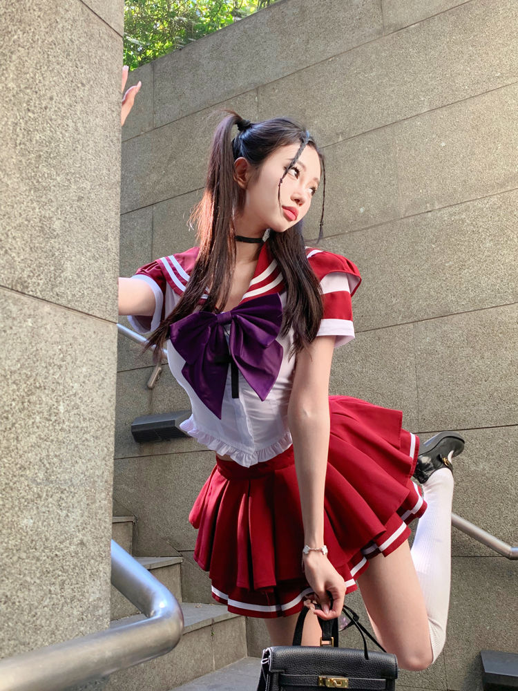 セットアップ 涼しく楽ちんセットアップ日系セーラー服スーツ夏純欲ギャルjkプリーツスカートリボンシャツ2枚セット