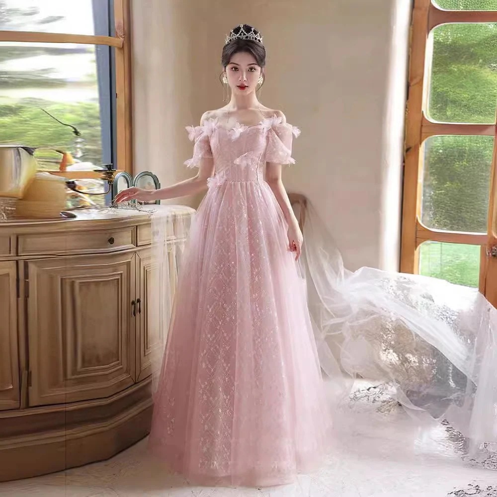 ピンクのイブニングドレス2025気質スーパープリンセスドレス卒業式ホスト成人式ロングドレス