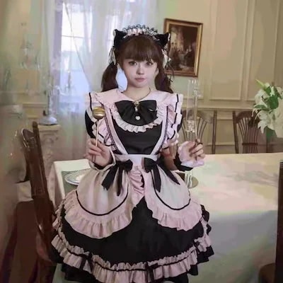 最安値 新しい日系Lolita黒粉メイド服甘い少女可愛い猫リボン柔らかい妹カバー