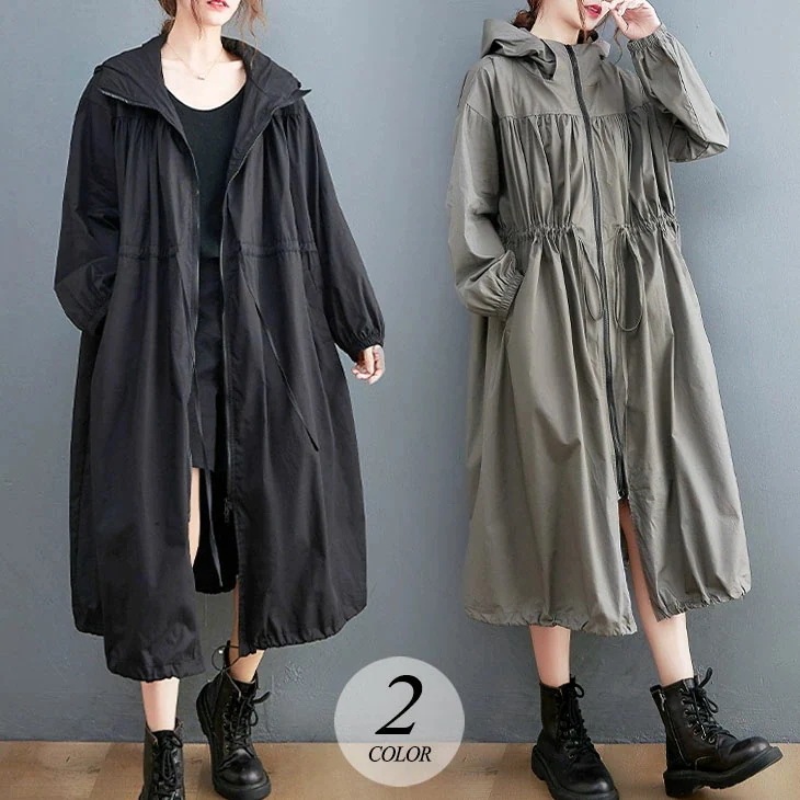 フード付き ロング ジップアップ ブルゾン コード付き ジャンパー アウター 長袖 可愛い 流行 カジュアル きれいめ シンプル 大人可愛い 春 秋 ゆったり 大きめ オーバーサイズ 無地 綿 レ