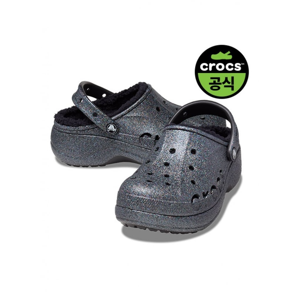 Crocs レディース BAYA プラットフォーム裏地付きグリッタークロッグ BK グリッター