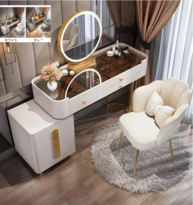 ポイントアップ ドレッサー おしゃれ 北欧風 鏡台 女優ミラー お姫系 ガラス天板 大理石天板 テーブル 幅80cm 幅100cmセット チェスト LEDミラー　スツールセット　レザー調 寝室 化粧テ 42,900円